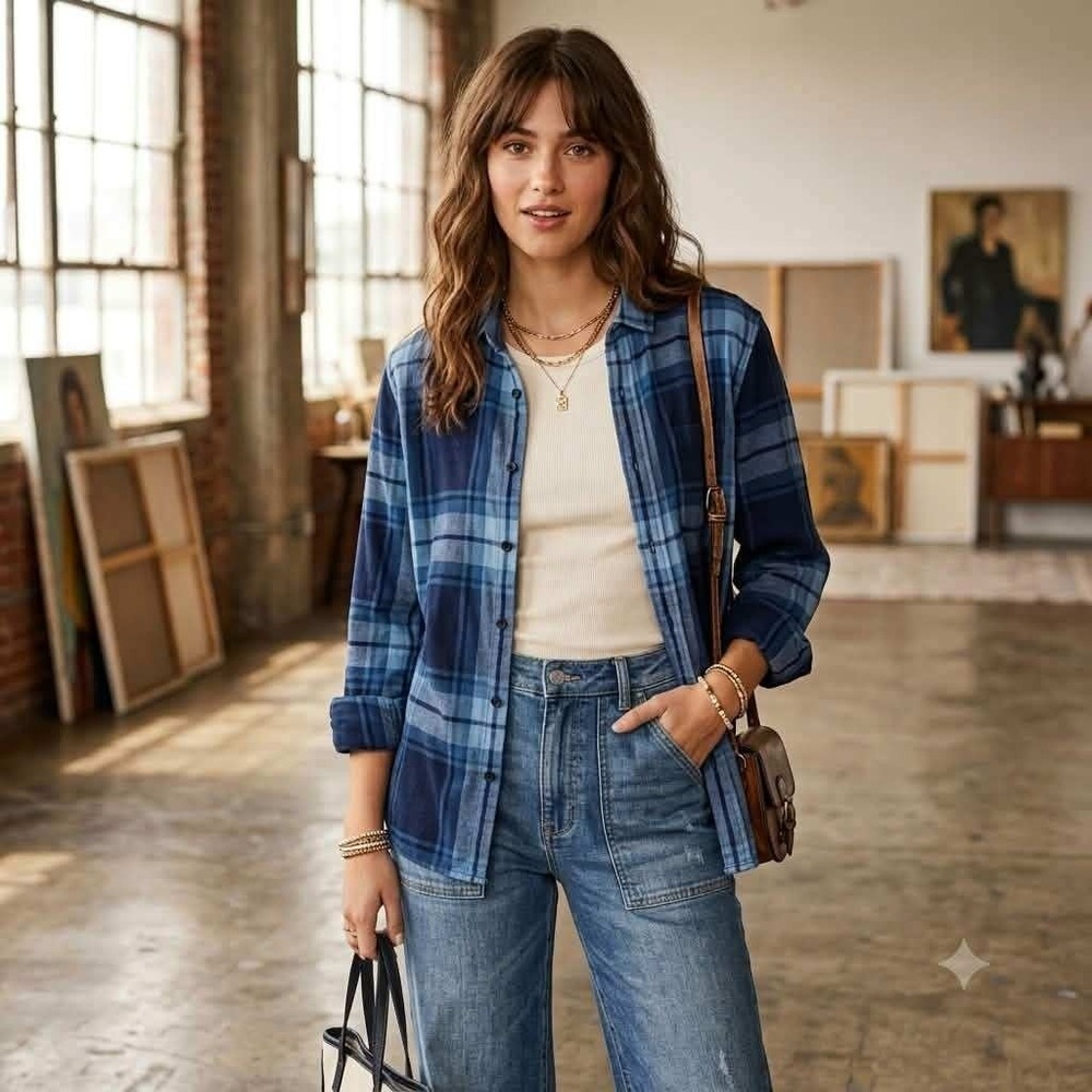 River Island Women XL Cotton Plaid Shirt Grunge Skater Streetwear Lumberjack